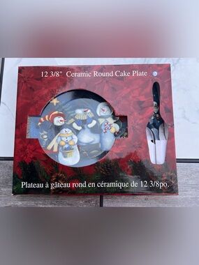 Ceramic Round Cake Christmas Plate with Snowman Design - Red Box